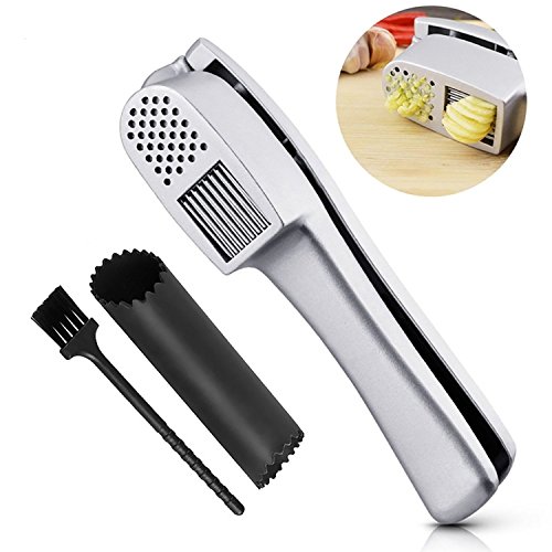 Knoblauchpresse,Knoblauchschneider, Knoblauchschneider,2 in 1 Professional Knoblauch Fleischwolf und Schneide, Knoblauchschäler+Reinigungsbürste Heavy Duty Aluminium Knoblauch Presser für professionelle Restaurant Hotel Home Kitchen Helper Kartoffelstampfer & Schneide