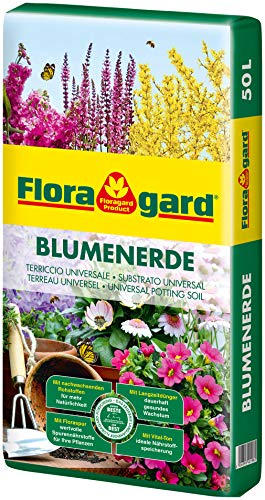 Floragard Blumenerde 50 Liter - Universalerde für Zimmer-, Balkon- und Kübelpflanzen - mit Ton und Langzeitdünger - auch für Gartenpflanzen