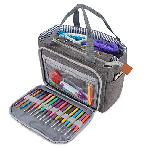 Luxja Handarbeitstasche Häkeln, Garn Aufbewahrung, Tasche Stricken für Unvollendete Projekte, Häkelnadeln und Anderes Zubehör (Kein Zubehör Enthalten), Grau