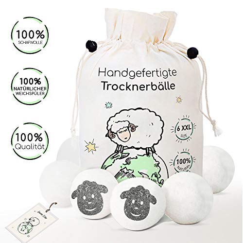 6 XXL Trocknerbälle aus 100% Schafwolle - Der Natürliche Weichspüler für Wäschetrockner - Trockner Bälle für Daunenjacken - Filzbälle und Trocknerkugeln - Pflegt die Wäsche gegen Fussel