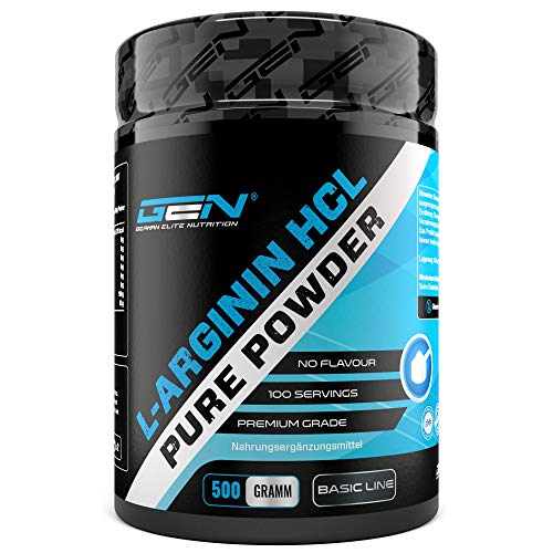 L-Arginin HCL - 500 g - L-Arginin Hydrochlorid - Optimale Löslichkeit - Reines Pulver ohne Zusätze - Vegan - Premium Arginin Aminosäure - German Elite Nutrition