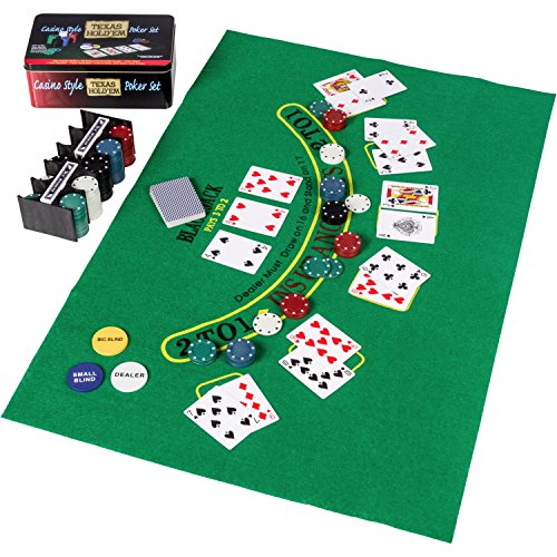 Pokerset / Black Jack Set in Metallbox, 200 Poker Chips, 2 Decks, Dealer Button, Small Blind, Big Blind, Spielmatte