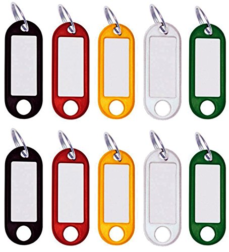 10 Stück Schlüssel-Anhänger Kunststoff, Schlüsselschilder zum Beschriften, mit Ring, auswechselbare Etiketten, in schwarz, rot, gelb, weiß, grün