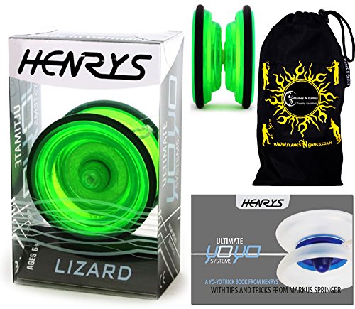 Henrys LIZARD YoYo (Grun) Professionelle Entry-Level-YoYo + Lehr-Broschüre von Tricks + Stoff Reisetasche! Große Pro YoYo für Kinder und Erwachsene! AXYS-Systemachse Slider mit High-Speed-Lager.