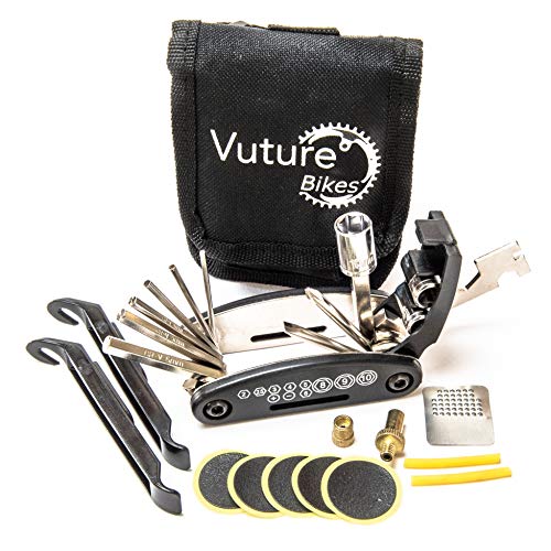 Fahrradwerkzeug - Praktisches Fahrrad Werkzeug- und Reparatur Set - Flickzeug mit 16-in-1 Multitool, Ventiladapter & Aufbewahrungstasche - Fahrradflickzeug I Reparaturset I Reifenflickzeug