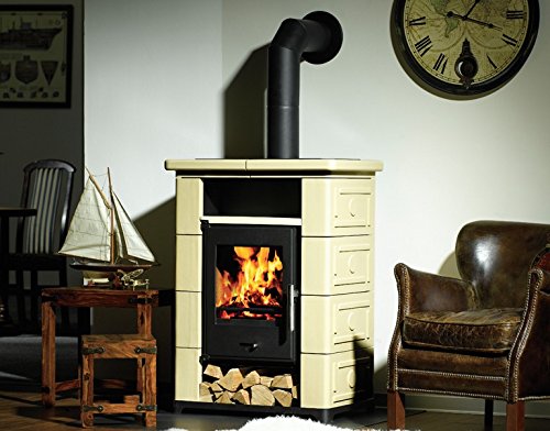 WAMSLER Kaminofen Montafon, Keramik cremefarben, 7kW, Tee- & Holzfach