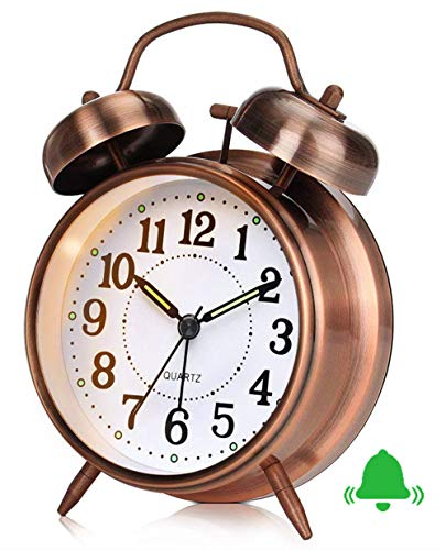 Retro Analog Wecker, Doppelglockenwecker mit Ohne Ticken Glockenwecker, Vintage Batteriebetrieben Laut Quarz Wecker Tischuhr mit Nachtlicht für Schlafzimmer Braun