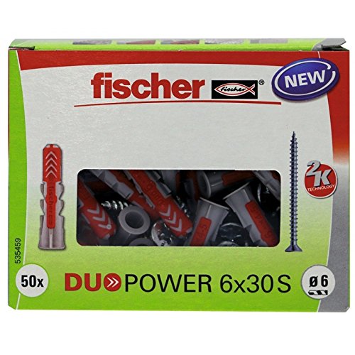 fischer DUOPOWER 6 x 30 S - Universaldübel mit Senkkopfschraube für eine Vielzahl von Baustoffen - Allzweckdübel für Schilder, Leuchten, Briefkästen uvm. - 50 Stück - Art.-Nr. 535459