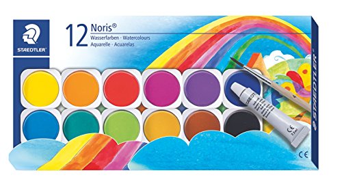 Staedtler Noris Club 888 NC12 Farbkasten, leicht mischbare Wasserfarben, hohe Farbbrillanz, hervorragende Deckkraft, Set aus 12 auswechselbaren Farbtöpfchen, 1 Tube Deckweiß und 1 Pinsel
