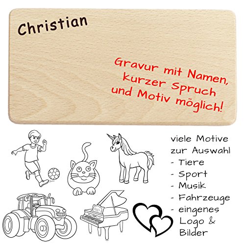 Frühstücksbrettchen / Brotzeitbrettchen mit Name, Spruch, Motiv, Logo oder Comic - hochwertige Gravur! Vesperbrettchen aus Buche, rechteckig L 220 x B120 x H 10 mm, glatt, mit abgerundeten Ecken