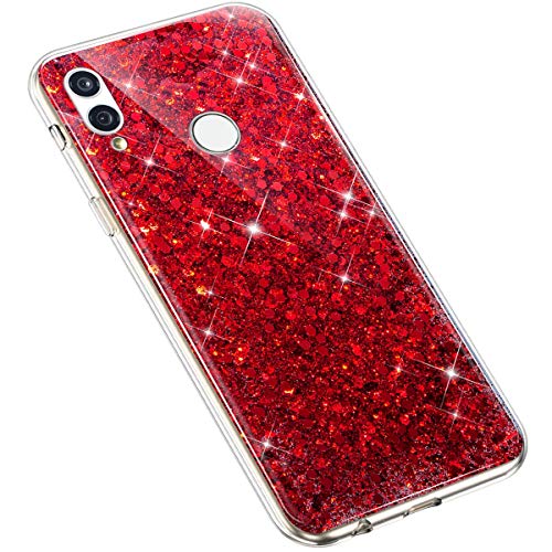 Uposao Kompatibel mit Huawei P Smart 2019 Handyhülle Glänzend Glitzer Bling Strass Kirstall Schutzhülle Durchsichtig TPU Silikon Case Transparent Crystal Clear Hülle TPU Rückschale Etui,Rot