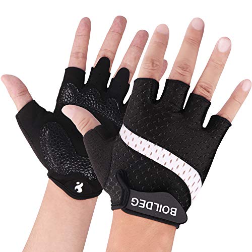 BOILDEG Fahrradhandschuhe Fingerlos Fitness Handschuhe Atmungsaktiv Rutschfestes Stoßdämpfende Radsporthandschuhe für MTB Fitness Damen und Herren(Weiß,M)