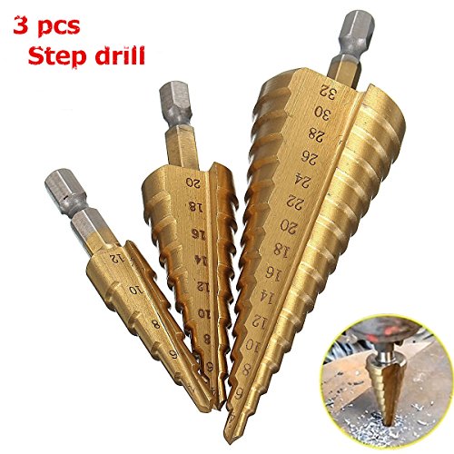 Stufenbohrer MOHOO 3pcs Kegelbohrer 4-12 mm / 4-20mm / 4-32mm titannitriert Schritt Konusbohrer 13 Schritte Hex Schaft HSS Tool Kit für Stahl, Holz, Kunststoff, usw.