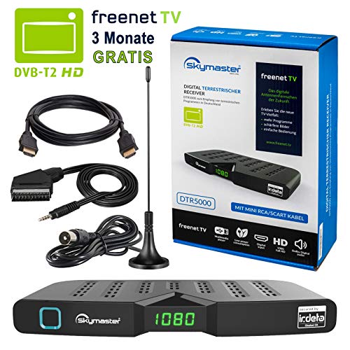 HB DIGITAL DVB-T/T2 Set: Skymaster DTR5000 DVB-T/T2 Receiver, kartenloses Irdeto-Zugangssystem für freenet TV + Stabantenne, passiv, mit Magnetfuß (Full HD, HEVC/H.265, HDTV, HDMI, USB DVBT2 DVB-T2)