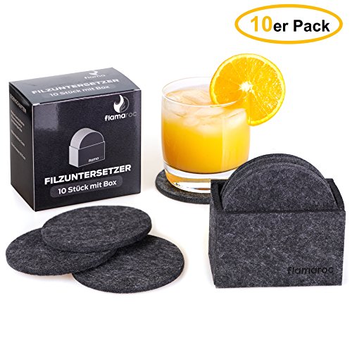 flamaroc Filzuntersetzer rund - 10er Premium-Set mit Box anthrazit grau, 10 cm Durchmesser und 5 mm Materialstärke, Stylishe Glasuntersetzer in dunkelgrau für Glas, Getränke, Gläser, Tassen
