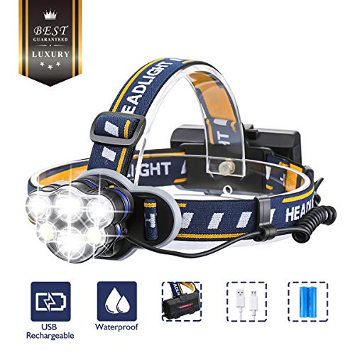 Stirnlampe superheller ,OUTERDO Kopflampe 6 LED 12000LM 8 Modi, Stirnleuchte USB und 2xBatterien, Kopfleuchte Ideal für Camping, Fischerei, Keller,Laufen, Campen, Wandern und Spaziereng