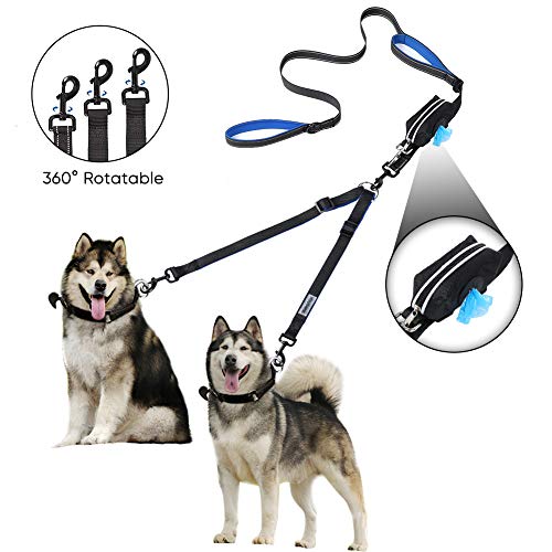 YOUTHINK Doppel-Hundeleine, Keine Verwicklung-Hundeleine 2 Hunde bis 180kg, bequem verstellbare, Zwei gepolsterte Griffe, Bonus-Haustierabfallsack