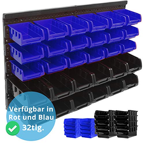 Panorama24 Wandregal + Stapelboxen | 32 tlg Box | BLAU | extra starke Wandplatten | Regal erweiterbar | Werkstattregal Lagerregal Werkstattwandregal Steckregal