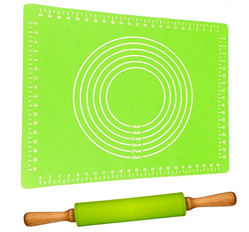Profi SET Teigroller 40cm und XXL Rollmatte 62x42 cm Grün Backfolie Ausrollmatte Antihaft Nudelholz-Teigausroller STAR-LINE Mit Anti-Haft beschichtet Backmatte Tortendeko Rollstab