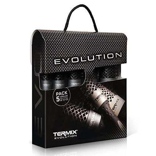 Termix Evolution Plus -Paket mit 5 Thermo-Rundbürsten mit leistungsstarken, ionisierten Borsten, speziell für dickes Haar. Die Packung enthält 5 Durchmesser