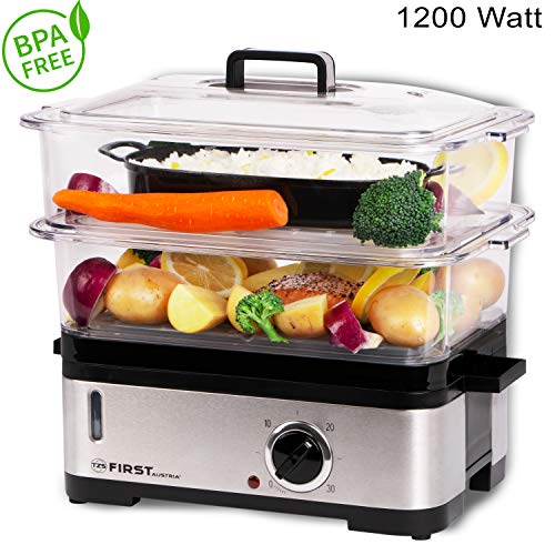 TZS First Austria - 6 Liter elektrischer Edelstahl Dampfgarer mit Reisschale und 30 Minuten Timer in schwarz, komplett BPA FREI, elektrischer Dampfkocher, 2 Dampfgarbehälter, Dampfsterilisator