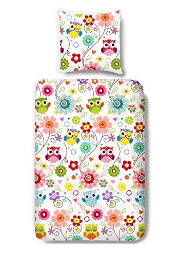 Aminata Kids – bunte Bettwäsche 135x200 cm Kinder Mädchen Eule Uhu Owl Baumwolle Reißverschluss Rosa Pink Blau Lila Grün Vogel Tiere Blumen Blümchen Kinderbettwäsche Bettwäscheset Bettbezug