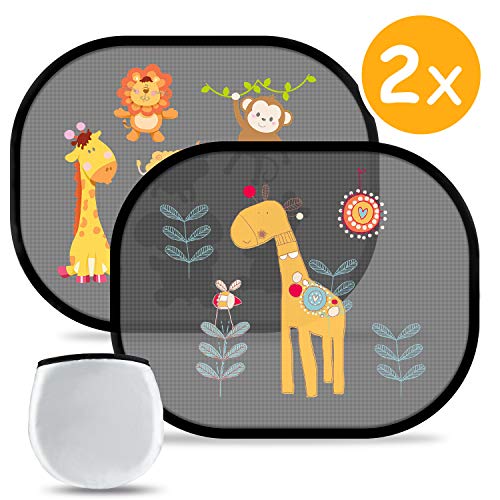 Auto Sonnenschutz Sonnenblende Baby mit UV Schutz - Premium Selbsthaftende Sonnenschutz Auto Seitenscheibe Kinder, Autofenster Sonnenschutzrollos mit 2 Muster süßen Tier Motiven(2 Stück)