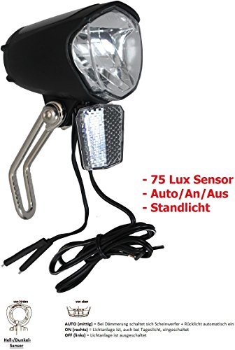 P4B 75 Lux LED Scheinwerfer + Standlicht + Sensor + Schalter für Nabendynamo StVZO zugelassen