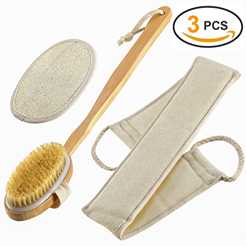 Rückenbürste + Luffaschwamm + Rückenschrubber, LUWANZ Badeset mit 41cm Badebürste Naturborsten, Badeschwamm Natur & 70cm Rücken Gurt, für Duschen, Körper Peeling, Durchblutung etc