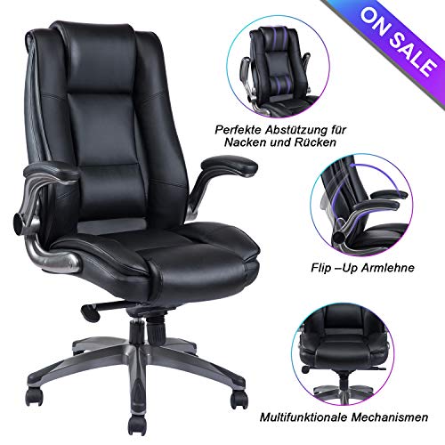 VANBOW Bürostuhl aus Leder mit hoher Rückenlehne - Einstellbarem Neigungswinkel und hochklappbare Armlehne Computer Chefsessel, üppige Polsterung, Komfortables und ergonomische Lendenstütze, schwarz