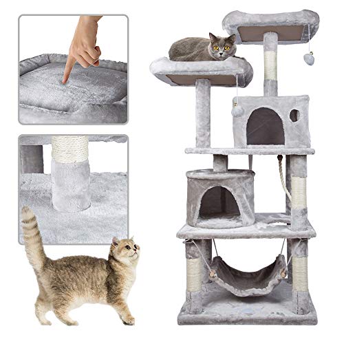 Froadp 145cm Höhe Kratzbaum Kletterbaum mit Großer Plattform und Sisal-Seil Plüsch Höhlen Katzenmöbel mit Kratzbett für Katzen(Hellgrau, 145cm Höhe)