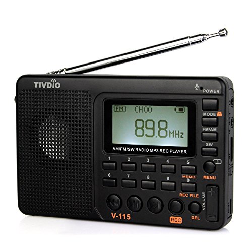Tivdio V-115 KW Radio AM UKW World Band Kurzwellenlaut Sprecher LCD REC Sprachrecorder Bass mit USB MP3 Player und Sleep Timer (Schwarz)