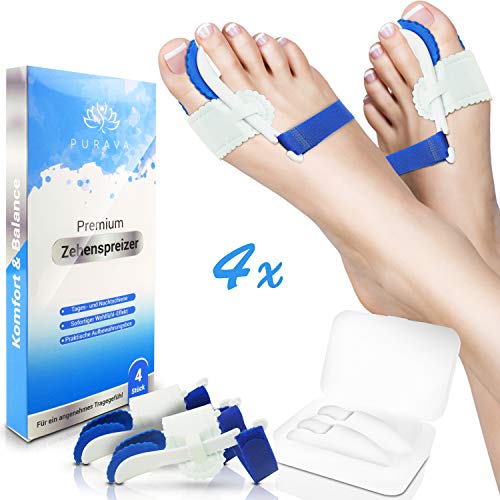 PURAVA [4x] Hallux Valgus Zehenspreizer - Ideal für Tag & Nacht - Inklusive hygienischer Transportbox - Optimaler Tragekomfort dank innovativem Soft Gel Silikon - BPA frei - Universalgröße