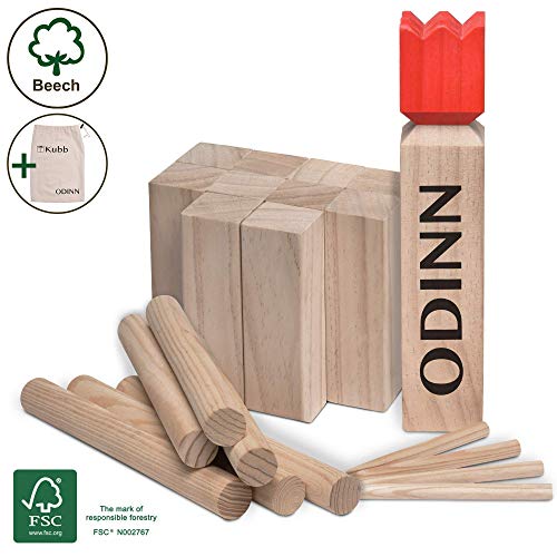 Moorland Original Kubb Spiel XXL Odinn - Schweres Buche Premium FSC Holzspiel mit Stoffbeutel - Wikingerspiel Outdoor Spiele Schwedenschach Holzspiele