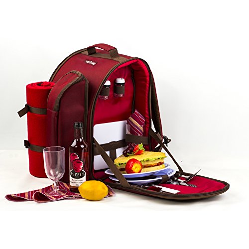 apollowalker 2 Personen rot Picknick Rucksack Picknickkorb mit Kühltasche inkl. Geschirr & Fleece Decke