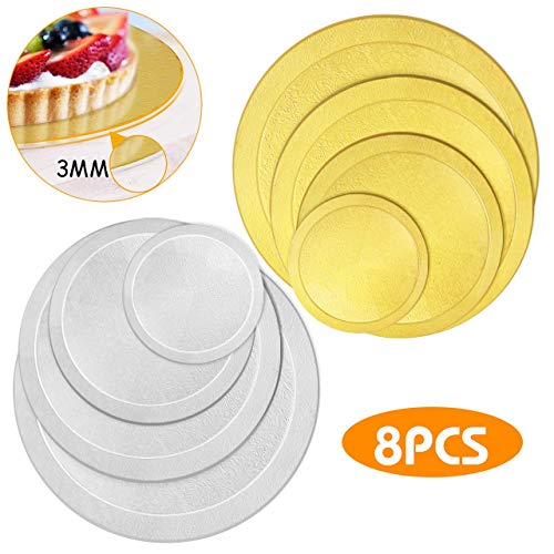 WisFox 8er Set Cake Board Rund 3 MM Tortenunterlage beschichtet Kuchenplatte Tortenplatte Cakeboard Tortenunterlage Cake Drum 6 8 10 12 Inch-Gold & Silber