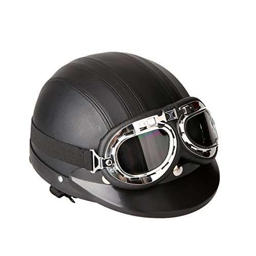 KKmoon Motorrad Scooter gesichtsoffen halbe Leder Helm mit Visier UV-Schutzbrillen Retro Vintage-Stil 54-60cm(Schwarz)