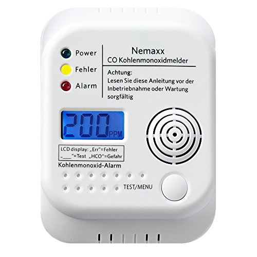 1x Nemaxx Co Melder - intelligenter Kohlenmonoxid Sensor, batteriebetriebener Warner und Alarm mit Digitalanzeige - nach DIN EN50291