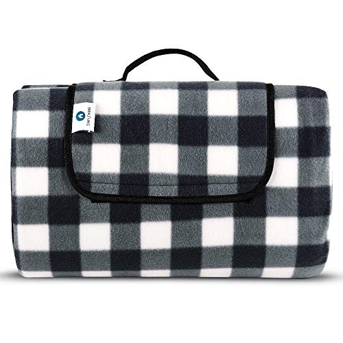 Simplehome Picknickdecke XXL grau weiß kariert 200x200 wasserdicht | Stranddecke Campingdecke Fleece isoliert mit Klettverschluss und Tragegriff