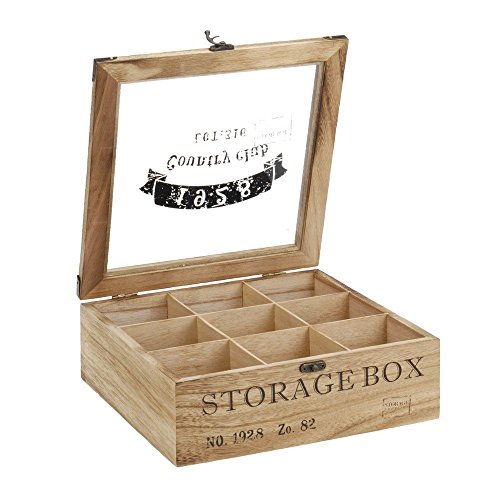 ToCi Teebox Holz Natur mit 9 Fächern | Quadratische Teekiste Teedose Teebeutel Box Aufbewahrung | 24 x 24 x 8,5 cm (LxBxH) | 'Storage Box' im Retro Look