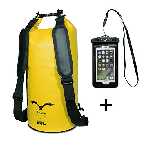 HAWK Outdoors Dry Bag- wasserdichter Packsack mit gepolsterten Schulter-Gurten inklusive wasserdichter Handy-Hülle - Stausack Seesack - Wasserfester Rucksack - Kajak, Rafting, Segeln, Surfen- 20L, Gelb