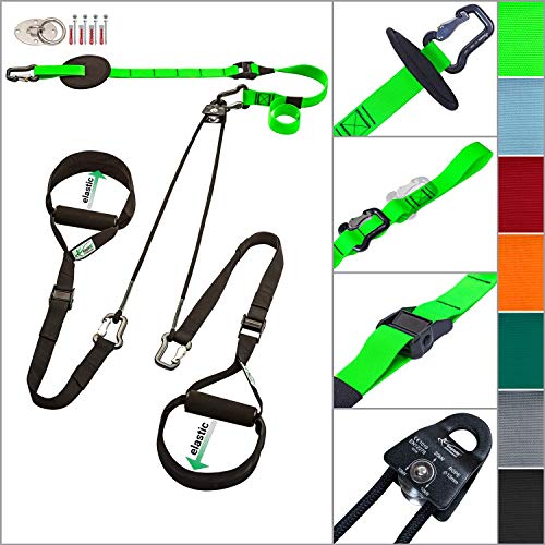 eaglefit  Sling-Trainer Exclusive Elastic, Fitness-Gerät, Schlingentrainer inkl. Deckenhalterung, Umlenkrolle & Türanker, Längenverstellung 160-360 cm, 350 kg belastbar, Farbe: Grün