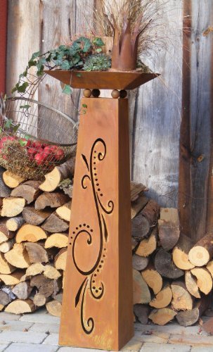 Edelrost Säule mit Schale, Rostige Blumensäule 115 cm mit Ornamenten, Flori