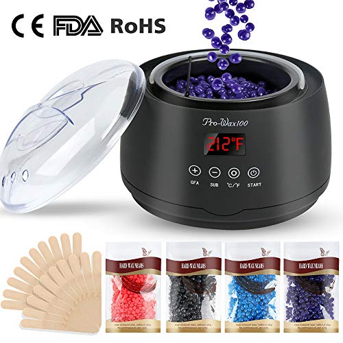Wachswärmer, Wachs Haarentfernung mit Touchscreen LCD Display Erinnerung Funktion, Wachserhitzer mit 4X100g Wachs 20 Holzspateln, Schmerzfrei Einfach und Schnell, Schwarz