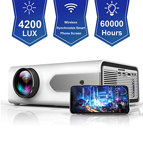HOLLYWTOP Heimkino Beamer, Mini Beamer, Verbesserter 4200-Lumens Videobeamer mit maximalem 180-Zoll-Display, 60000 Stunden Lampenlebensdauer, Unterstützt 1080P USB/ HDMI/ SD/ AV/ VGA(weiß - EU)