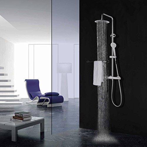 Elbe Duschsystem aus Edelstahl, Duschsäule mit Thermostat, Duschgarnnitur Regendusche Brausegarnitur mit Mischbaterrie, Duschset Rainshower, runde Überkopfbrause_RNS-C05