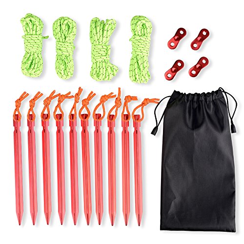 JTENG Zeltheringe Heringe Sandheringe , 10 Stück Aluminium Legierung Zelt Stakes Pegs Nails Bodenheringe 18cm Bodenanker & 4 Stck Leuchtend reflektierend Abspannseile Seil 4m & Tasche (ROT Heringe)