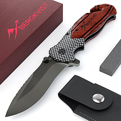 BERGKVIST 3-in-1 Klappmesser K19 RED [2018 Sonderedition] extra scharfes Taschenmesser mit edlem Holzgriff Outdoor Messer mit Titaniumklinge aus 7cr17 rostfreiem Edelstahl | Einhandmesser mit Schleifstein & Gürteltasche