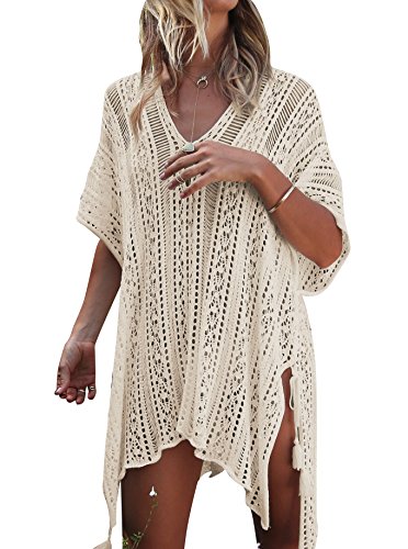 HAIGOU Damen Gestrickte Strandkleid Sommer Strandponcho Strandurlaub Badeanzug Bikini Cover-Ups
