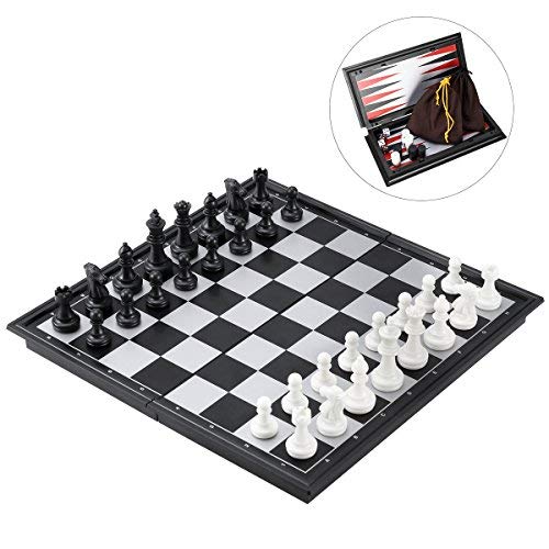 iBaseToy Reise Schachspiel Magnetisch 3-in-1 für Schach Dame und Backgammon 25cm x 25cm mit Faltbarem Klein Schachbrett Pädagogisches Spiel für Kinder, Reisen